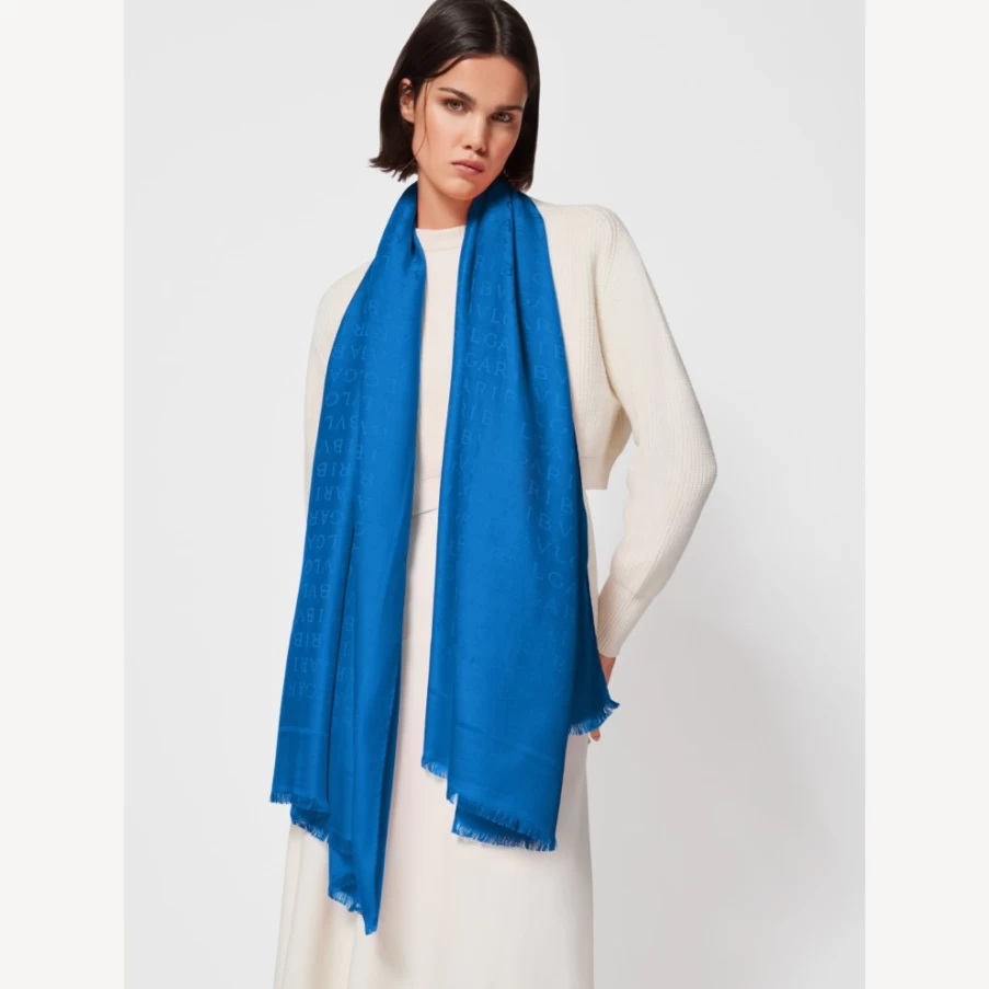 BVLGARI Women's Blue Logomania Stole Luxury Silk Scarf