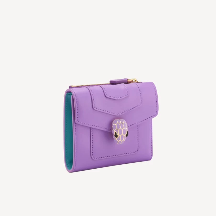 BVLGARI Serpenti Forever Purple Trifold Wallet for Women | Luxury Leather Wallet