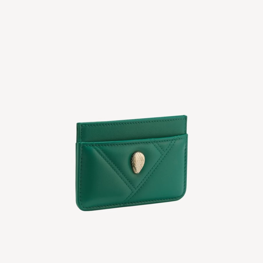 BVLGARI Serpenti Green Cabochon Card Holder for Women | Luxury Leather Wallet