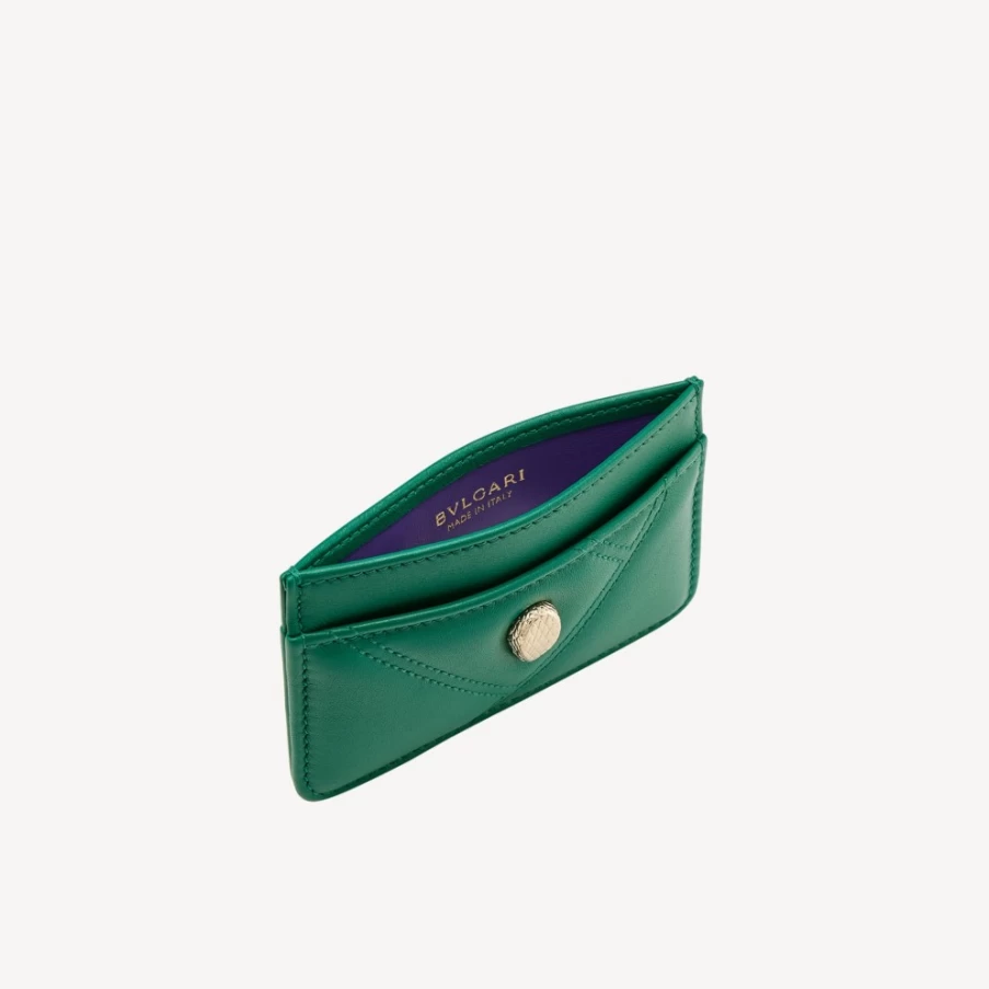 BVLGARI Serpenti Green Cabochon Card Holder for Women | Luxury Leather Wallet