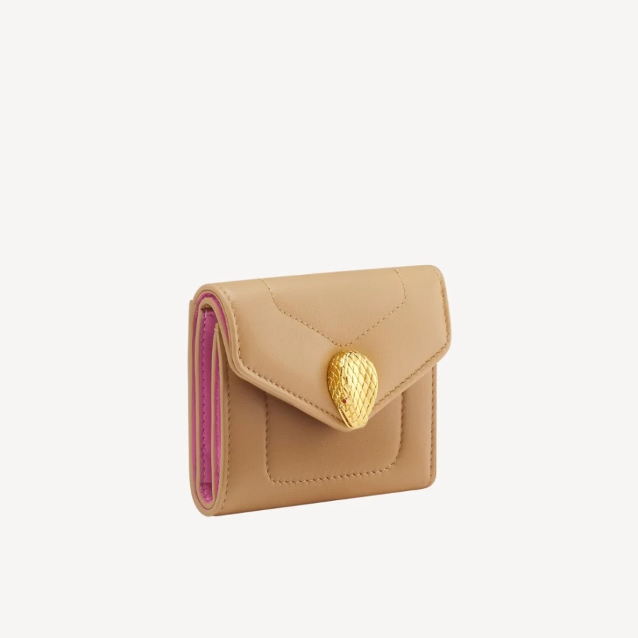 BVLGARI Serpenti Reverse Trifold Wallet for Women in Brown | Luxury Leather Wallet