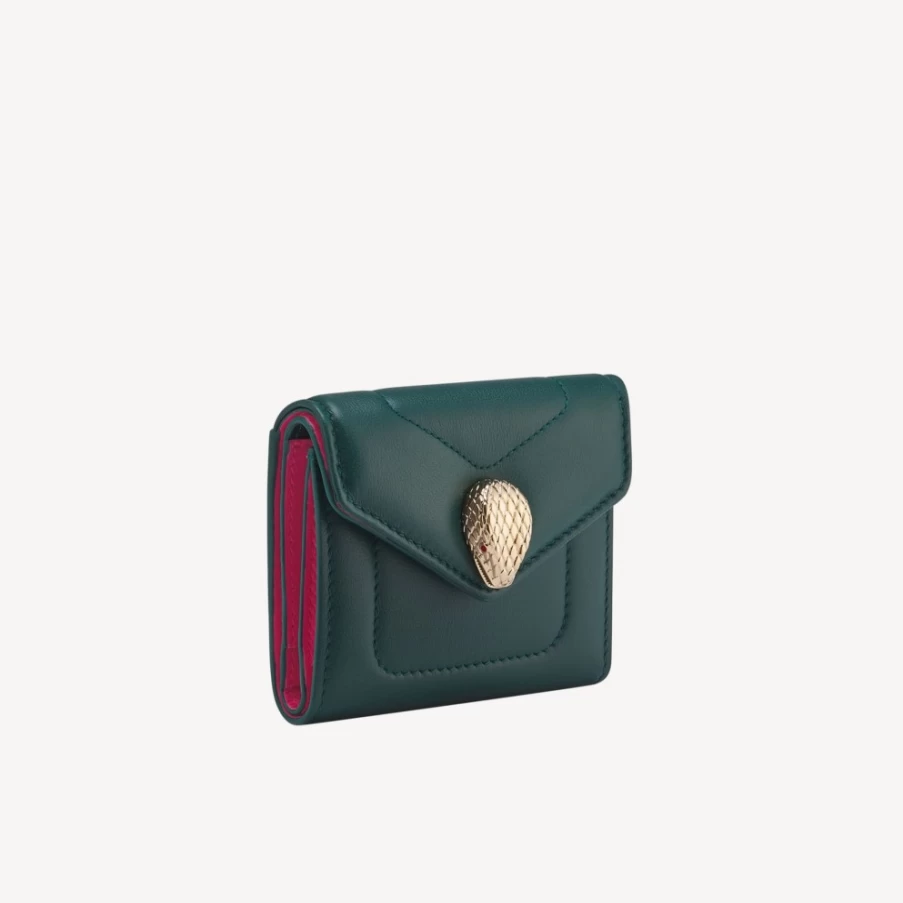 BVLGARI Serpenti Green Reverse Trifold Wallet for Women