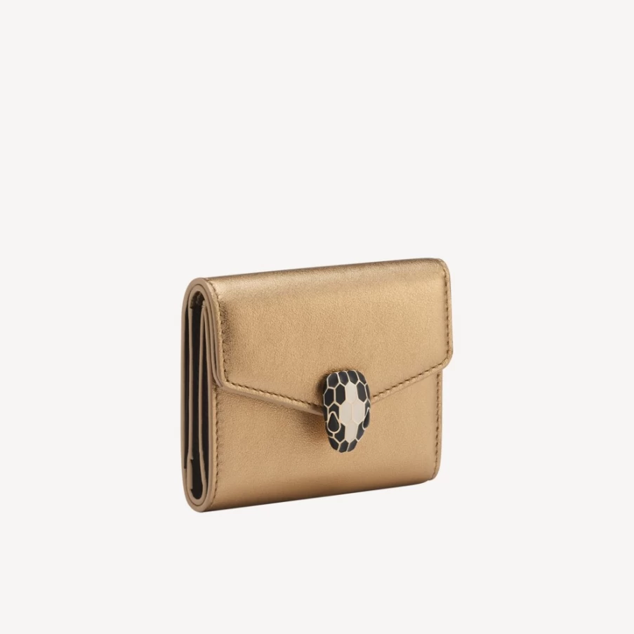 BVLGARI Serpenti Forever Trifold Wallet in Gold for Women | Luxury Leather Wallet