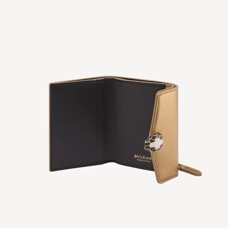 BVLGARI Serpenti Forever Trifold Wallet in Gold for Women | Luxury Leather Wallet