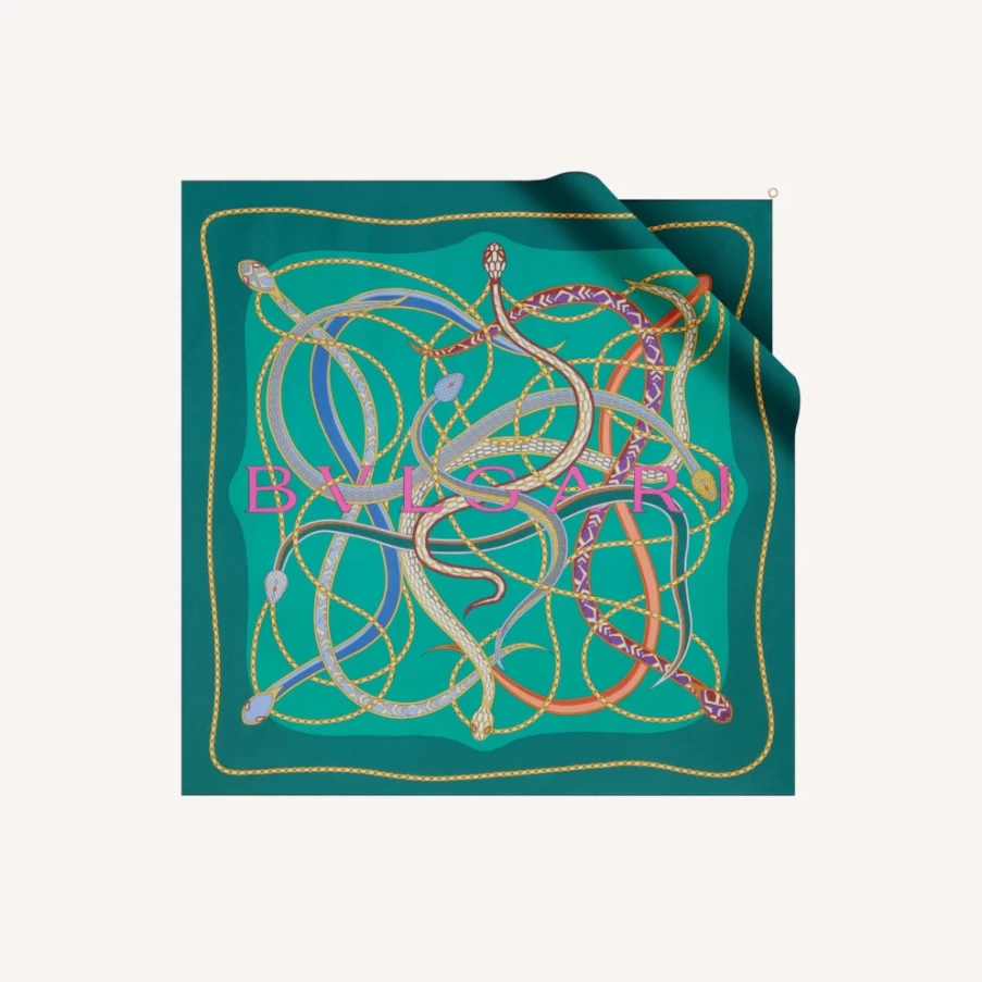 BVLGARI Serpenti 75 Green Silk Scarf for Women | Luxury Designer Wrap