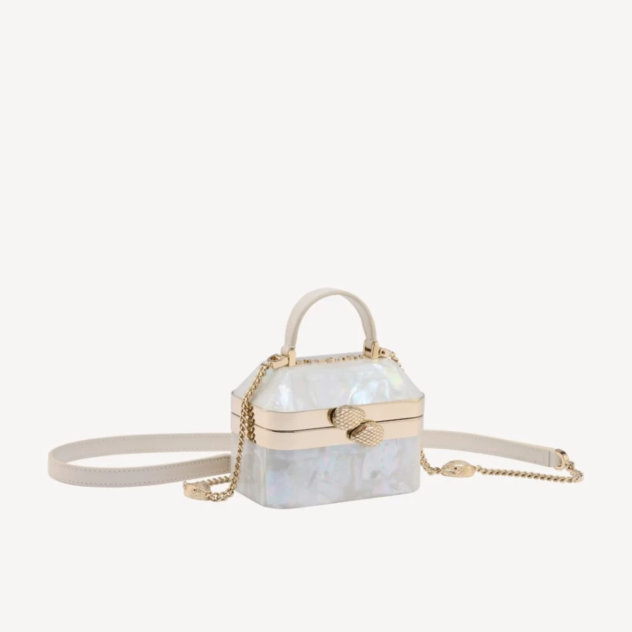 BVLGARI Serpenti Forever Mini Jewelry Box in White for Women | Luxury Leather Handbag