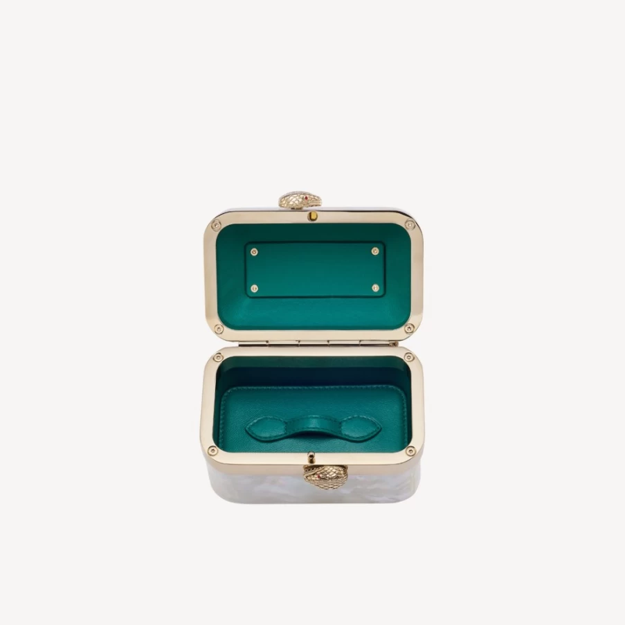 BVLGARI Serpenti Forever Mini Jewelry Box in White for Women | Luxury Leather Handbag