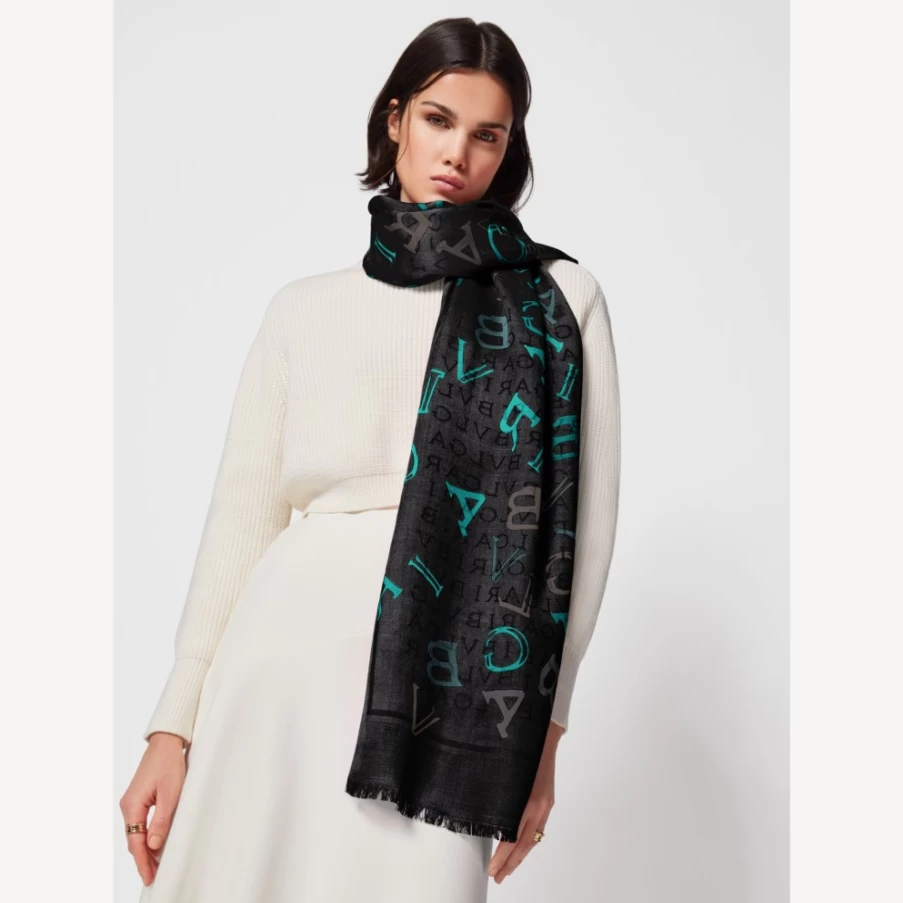 BVLGARI Women's Black Logomania Stole - Luxury Cashmere Scarf with Iconic Logo Design