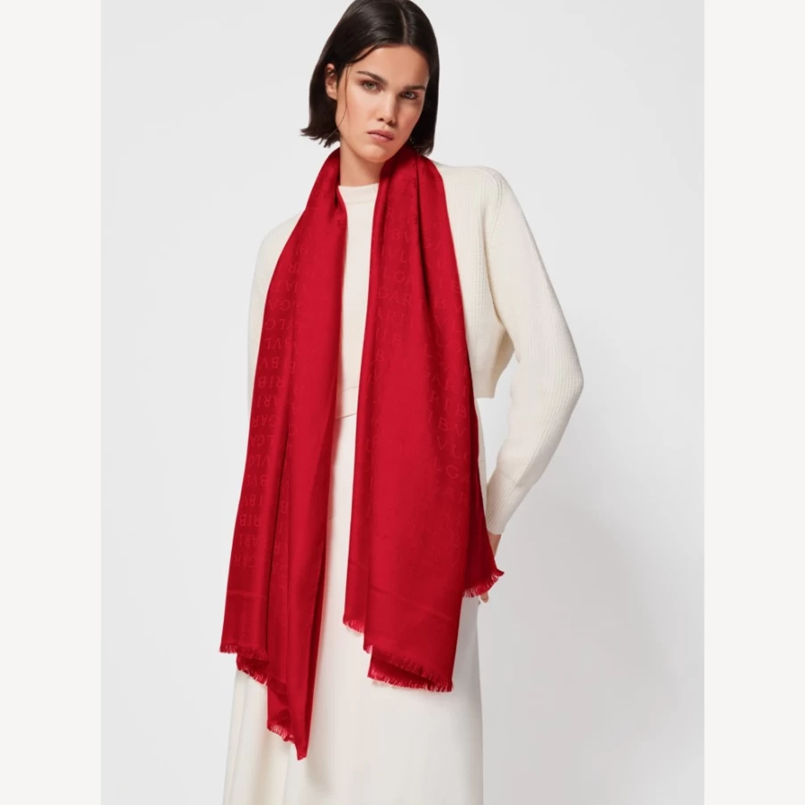 BVLGARI Women's Red Logomania Stole - Luxury Cashmere Scarf