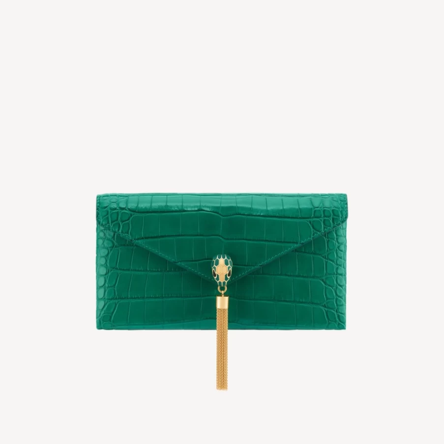 BVLGARI Serpenti Green Clutch Bag for Women | Luxury Designer Handbag