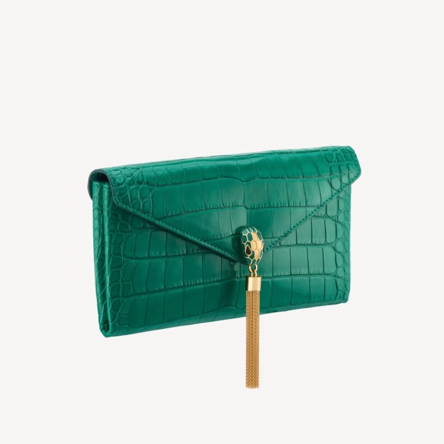 BVLGARI Serpenti Green Clutch Bag for Women | Luxury Designer Handbag