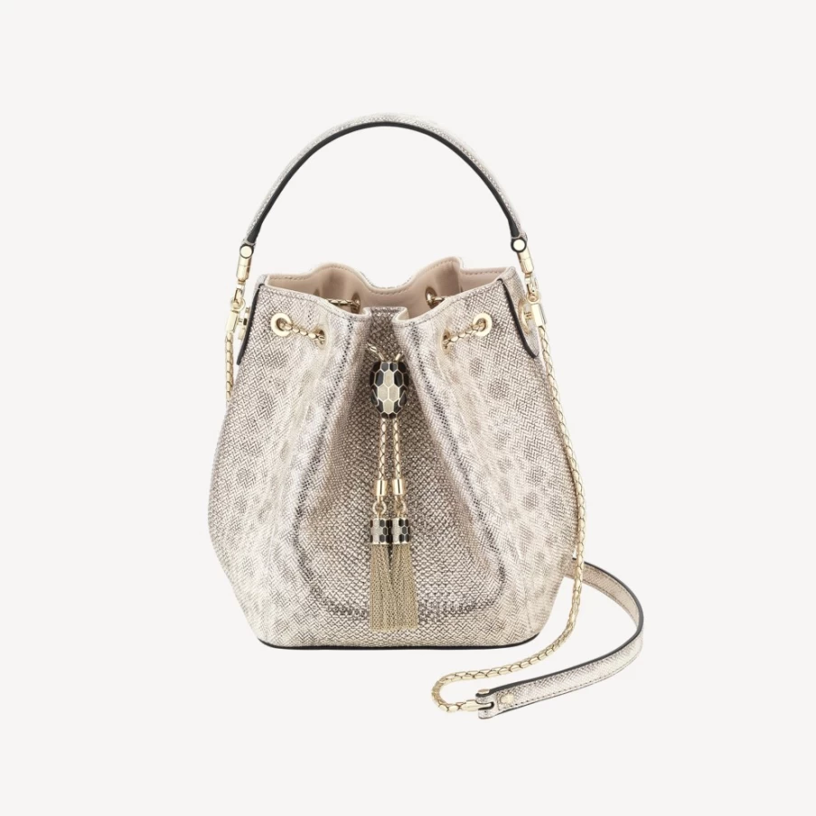 BVLGARI Serpenti Forever Bucket Bag in Beige for Women | Luxury Leather Handbag