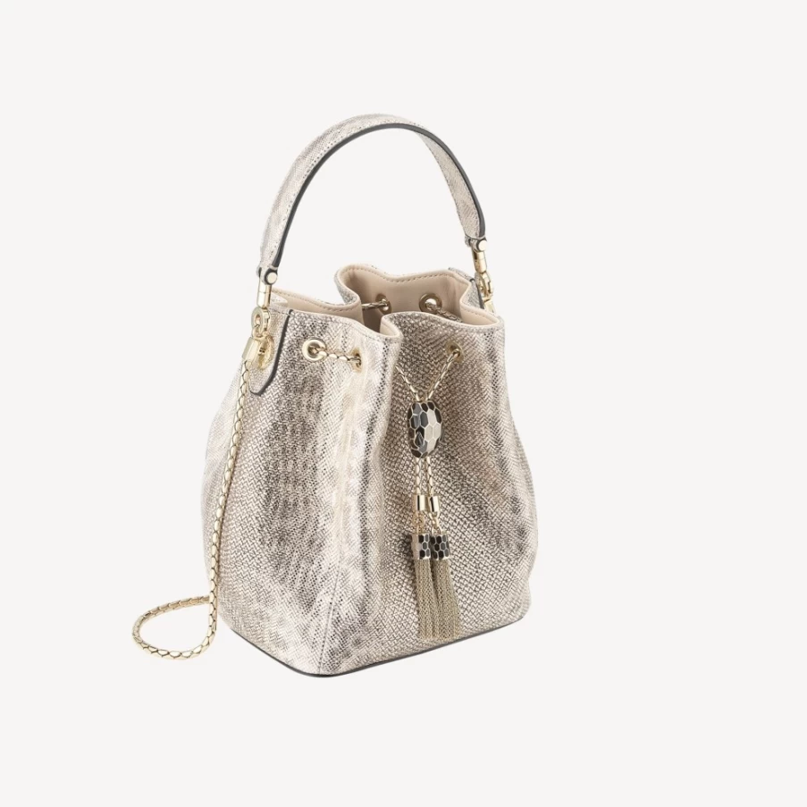 BVLGARI Serpenti Forever Bucket Bag in Beige for Women | Luxury Leather Handbag