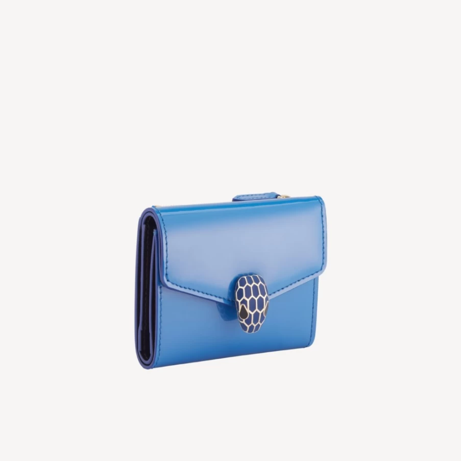 BVLGARI Serpenti Forever Blue Trifold Wallet for Women | Luxury Leather Wallet