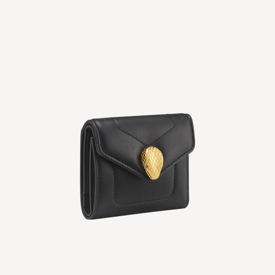 BVLGARI Serpenti Reverse Trifold Wallet for Women in Black | Luxury Leather Wallet