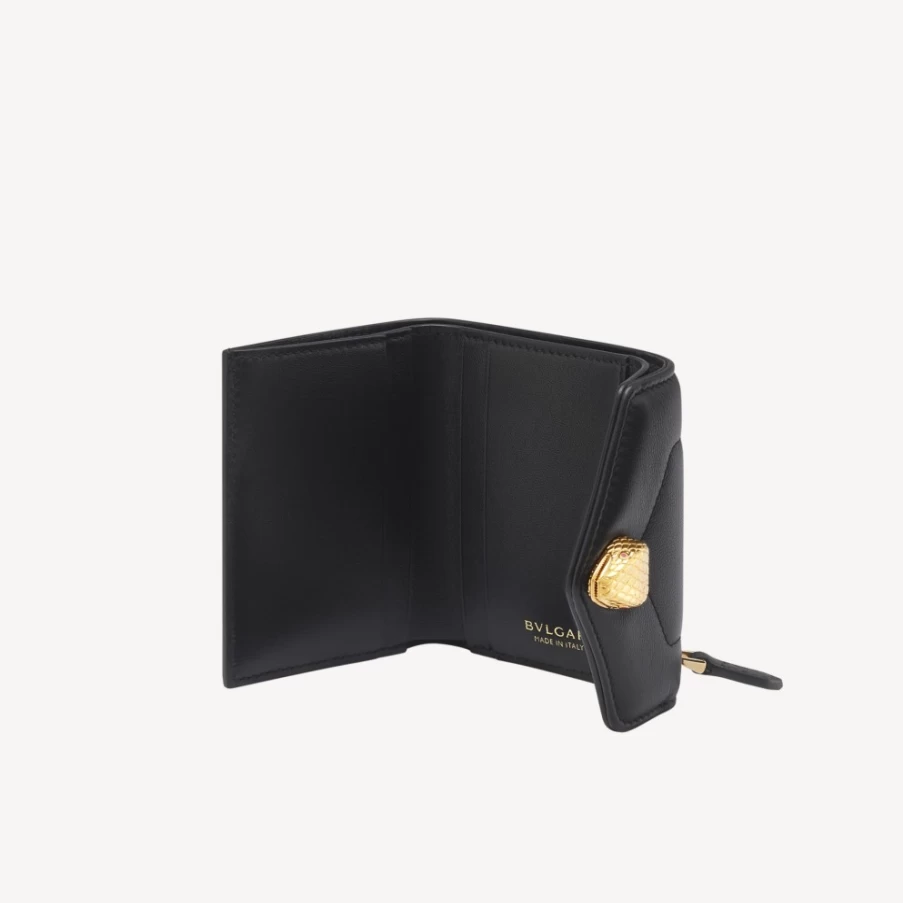 BVLGARI Serpenti Reverse Trifold Wallet for Women in Black | Luxury Leather Wallet
