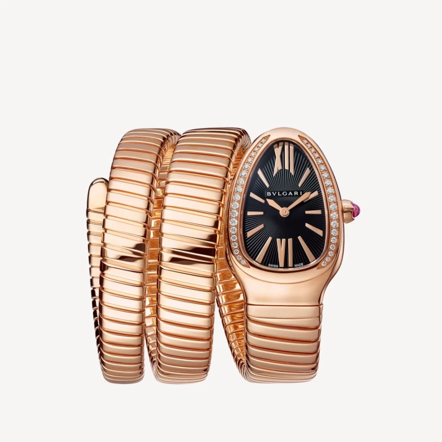 BVLGARI Serpenti Tubogas Women's Watch in Black, Pink & Gold | Luxury Bracelet Timepiece