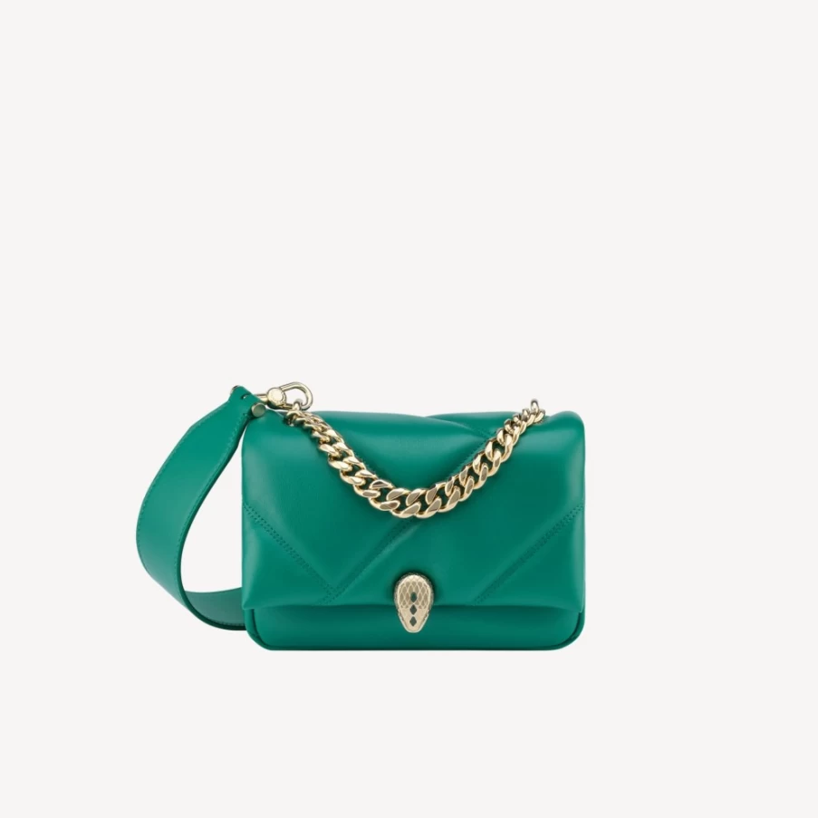 BVLGARI Serpenti Green Cabochon Maxi Chain Crossbody Mini Bag for Women