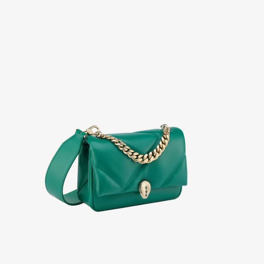 BVLGARI Serpenti Green Cabochon Maxi Chain Crossbody Mini Bag for Women